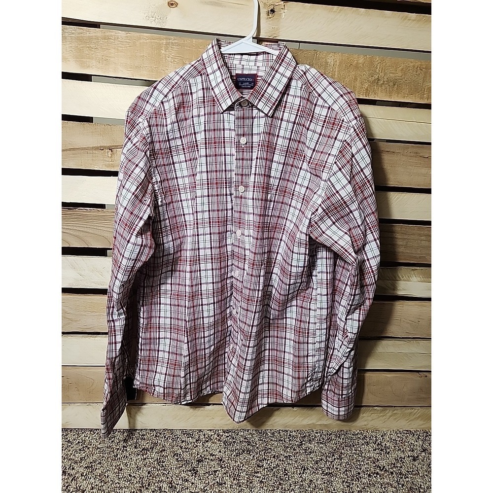 Untuckit Mens Long Sleeve Button Up Shirt Size Large Red Plaid 47% Tencel
